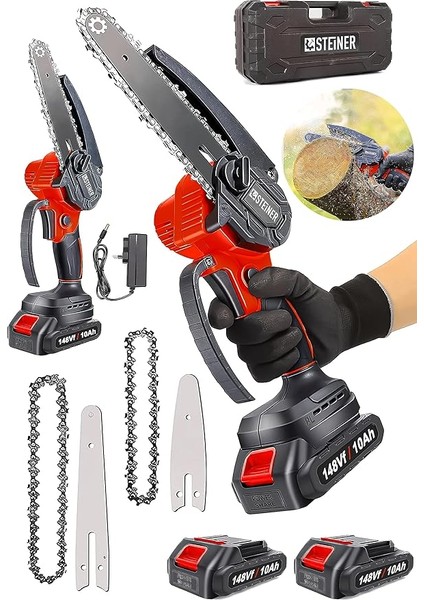 Alman 148 Vf 10 AH%100 Kömürsüz Motor Akülü Dal Kesme Budama Testere Bıçkı Makinesi 15 cm Kırmızı