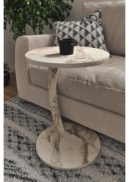 Tekerlekli C Sehpa Koltuk Sehpası Yan Sehpa Zigon Sehpa Servis Sehpası - Beyaz Mermer Desen modelleri