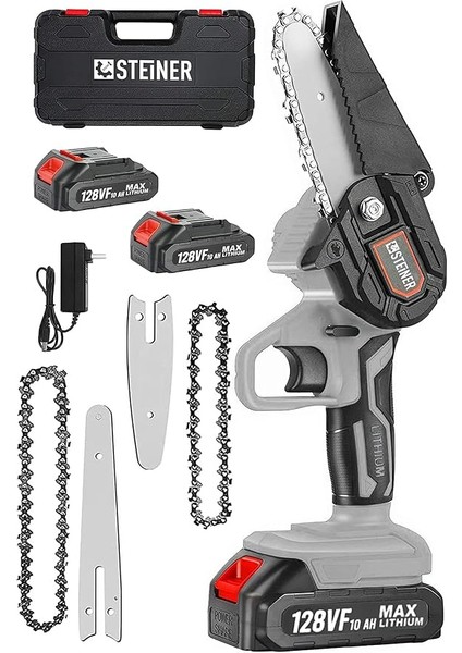 Alman 128 Vf 10 Ah Bakır Sargılı Akülü Dal Kesme Budama Testere Bıçkı Makinesi Çift Pala Çift Zincir Gri