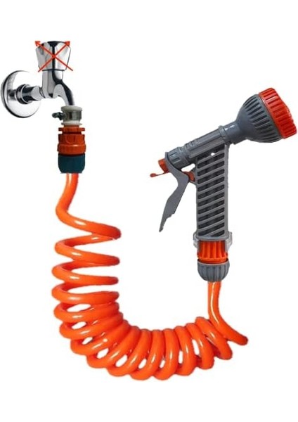 Spiral Bahçe Çiçek Çim Sulama Hortumu Tetikli Süzek Başlık Seti (5 Metre Turuncu)