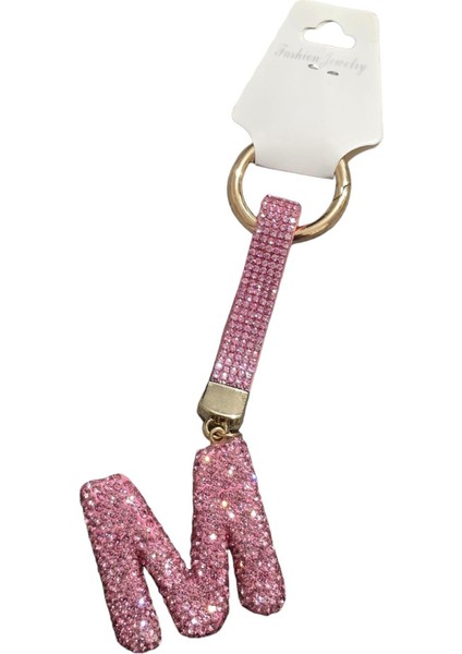 M Harfi Taşlı Pembe Anahtarlık Parıltılı Çanta Aksesuarı ve Anahtarlık
