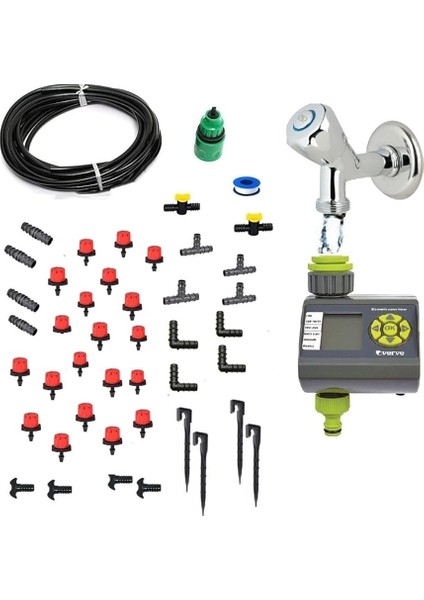 Verve Elektronik Bahçe Sulama Sistemi 20 Metre Damlalama Sulama Sistemi ve Ekleme Parçalı Set