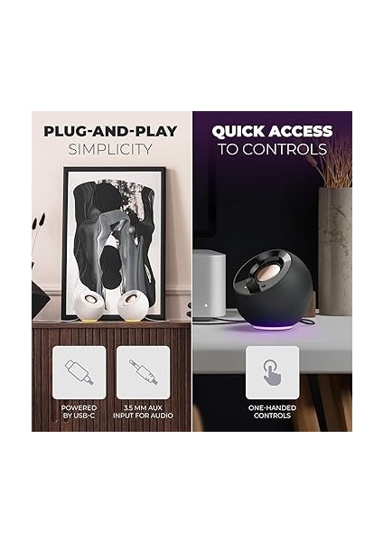 Pebble Se Hoparlör 2.0 Minimalist Pc Hoparlör, Usb-C Rgb Aydınlatmalı, 3,5 mm Aux Girişi, Bilgisayarlar ve Dizüstü Bilgisayarlar Için 4,4 W'a Kadar Rms'ye Kadar Güç (Beyaz) modelleri