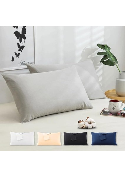 Home Pamuklu 2'li Kapaklı Yastık Kılıfı 50X70 cm - Yumuşak ve Nefes Alabilir - Düz Renk (Gri)
