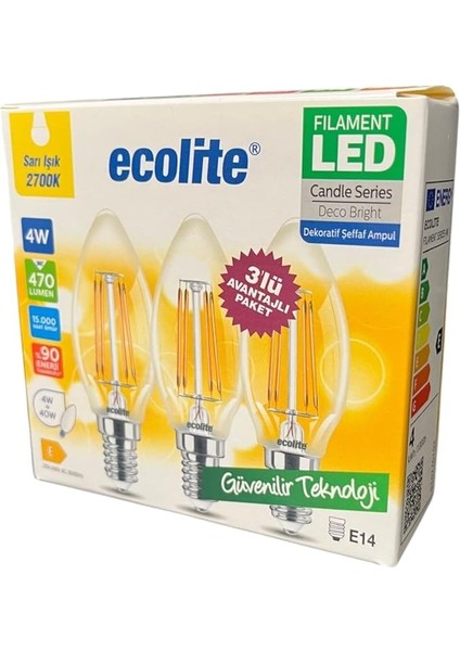 4W LED Filament Mum Ampul, E14 Duy, 2700K Sarı Işık, 470 Lümen, Şeffaf Cam, Akkor Görünümlü Dekoratif Lamba, 3'lü Paket indirimleri