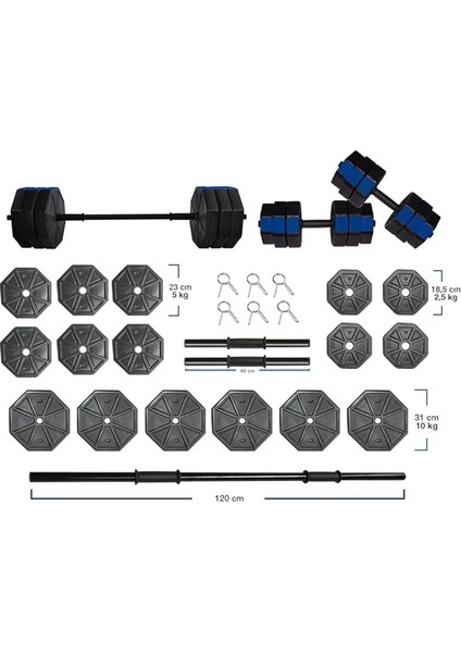 Spor 100 kg Düz Bar (150 Cm) Dambıl Dumbell Ağırlık Halter Seti Mavi Kapaklı