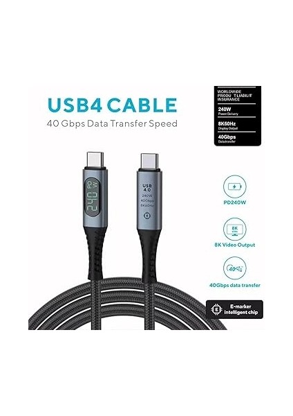 240W USB 4.0 Kablosu, LED Ekranlı, Tunderbolt 40GBPS 8K@60Hz Pd Tip C Kablosu, USB C - USB C Erkek - Erkek Kablo Kablosu Bilgisayar Type-C Laptop Pad Hub Için 1 Metre ZR850 modelleri