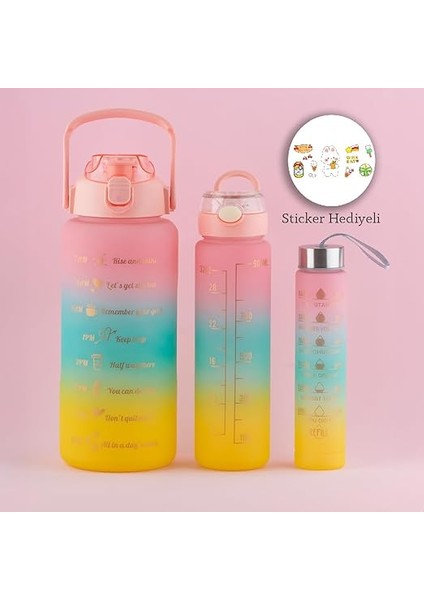 11918 3 Lü Motivasyon Stickerlı Kokusuz Spor Su Matarası - Su Şişesi - Renkli Suluk Pembe fiyatları