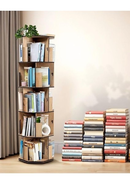 Wood 360° Döner Kitaplık – Modern ve Dekoratif Çok Katmanlı Ahşap Kitap ve Dergi Rafı (Meşe, 5 Raflı) fiyatları