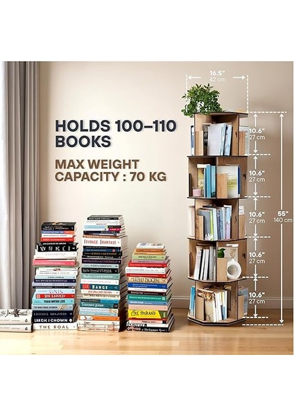 Wood 360° Döner Kitaplık – Modern ve Dekoratif Çok Katmanlı Ahşap Kitap ve Dergi Rafı (Meşe, 5 Raflı) modelleri