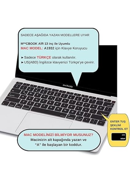 Laptop Macbook Air 13INÇ Klavye Koruyucu (Us To Tr) Touchıd'li A1932 ile Uyumlu Siyah fiyatları