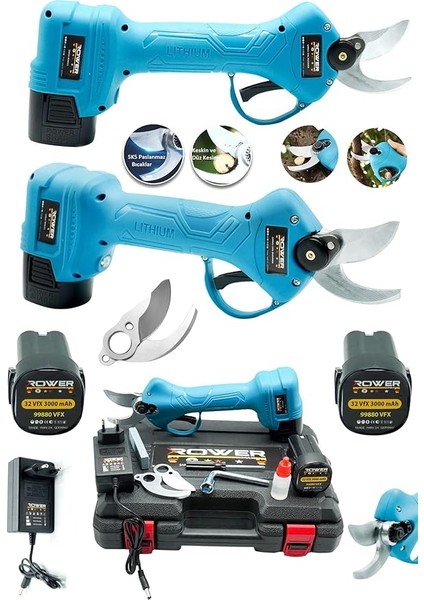 Rowermax Alman Çift Akülü Budama Makası 32VFX 3000MAH Yedek Makaslı 30MM Dal Budama Makası