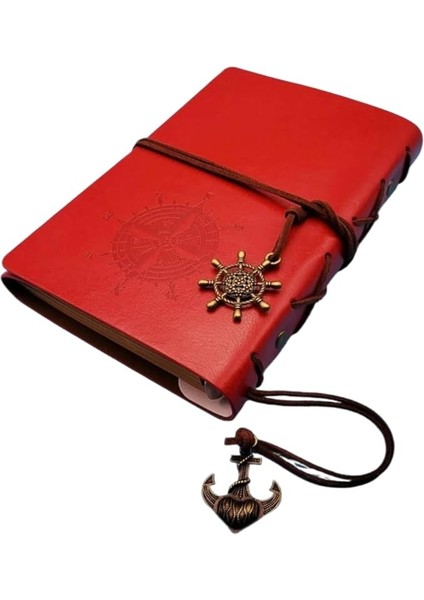 Pusula Baskılı Çapa ve Dümen Kolye Uçlu Deri Kapaklı Günlük Not Defteri Denizci Defter Özel Tasarım Hediyelik Kırmızı
