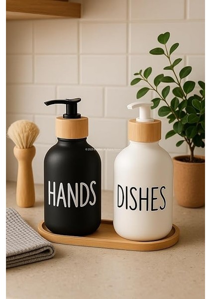 Bulaşık Deterjanlık ve Sabunluk Seti Bambu Tepsili Şık Ikili Set Siyah Beyaz Modern Tasarım Kompozit Malzemeli Mutfak Tezgah Üstü Organizer (Silindir) indirimleri