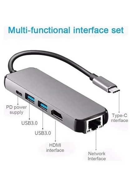 5in1 Type-C (Usb-C) HDMI Hub ve RJ45 Lan (Ethernet) Adaptörü: 4K (1080P) Hdmı, 2 x USB 3.0 ve Type-C USB Port Çoklayıcı Çevirici fırsatları
