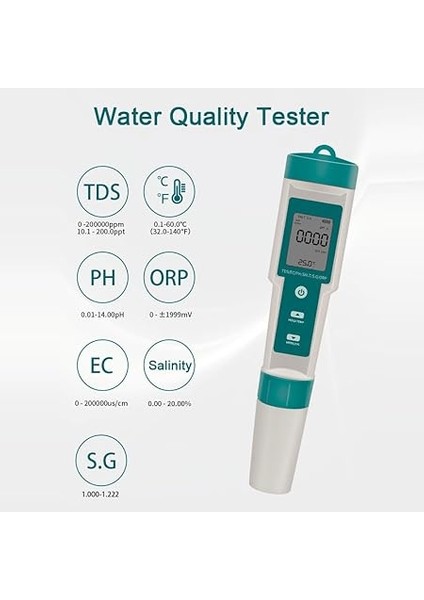 Çok Işlevli Dijital 7'si 1 Arada Su Kalitesi Test Cihazı Taşınabilir Yüksek Doğruluklu Su Kalitesi Test Kalemi Su Kalitesi Ölçüm Aracı Su Ph/tds/ec/tuzluluk/orp/sg/sıcaklık Arka Aydınlatmalı modelleri