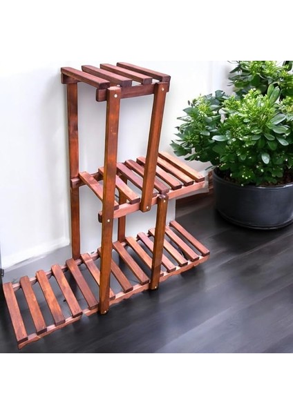 Katlı Ahşap Çiçeklik Sakısılık 3 Raflı Masif