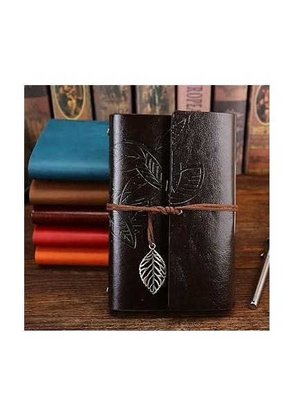 Yaprak Baskılı Deri Kapaklı Günlük Not Defteri Özel Tasarım Hediyelik Siyah modelleri