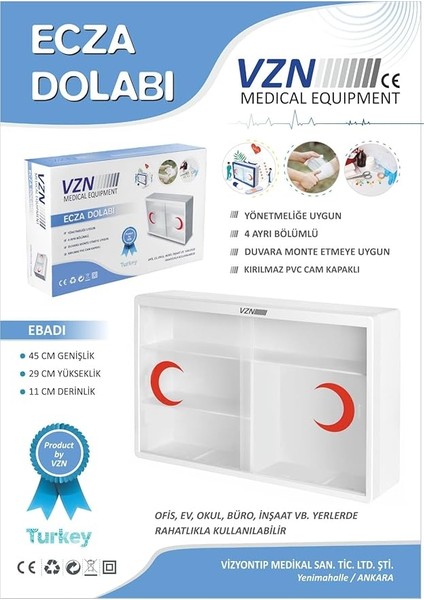 tıp ecza dolabı | 4 bölmeli | kırılmaz cam kapaklı | duvara monte edilebilir | 45x29x11 cm | ve ılk yardım saklama dolabı modelleri
