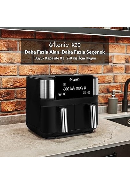 K20 Airfryer, Çift Bölmeli Fritöz, 8 Litre Xxl, 2850 W, Siyah fırsatları