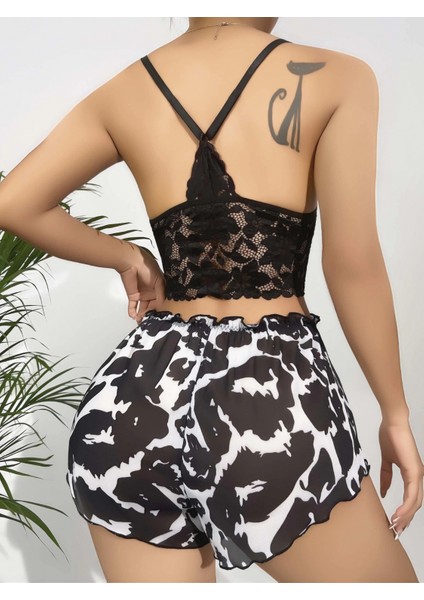 Kadın Siyah Leopar Desenli Dantel Detaylı Şortlu Gecelik Pijama Takımı 5055 fiyatları