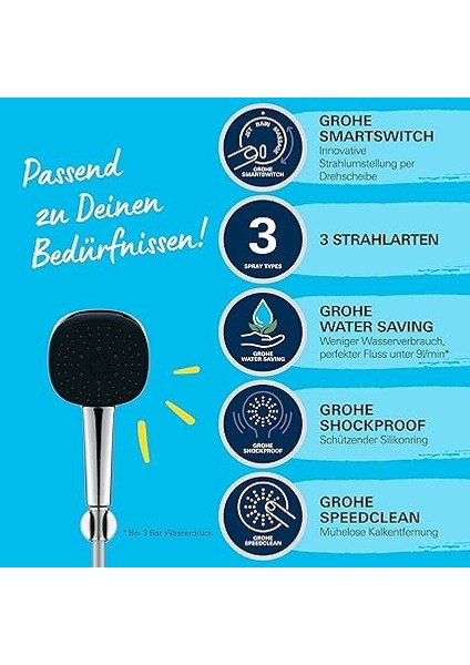 Vitalio Comfort 110 El Duşu Seti, 110MM Kare 3 Akışlı, Masaj, Yağmur ve Jet Duşu, Duş Başlığı Tutucu, 1750MM Duş Hortumu, Krom, 26176001 indirimleri