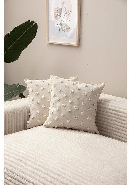 Ikili Dekoratif Puantiye Keten Kumaşlı Kırlent Kılıfı 43X43 Beyaz Krem 43 x 43 SWITANM95