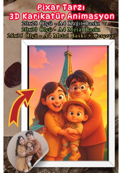 Kişiye Özel 3D Pixar Tarzı Karikatür Poster – Kağıt Baskı / Metal Baskı / A4 Beyaz Mdf Çerçeveli Seçenekli – Aile & Bebek Hediyesi