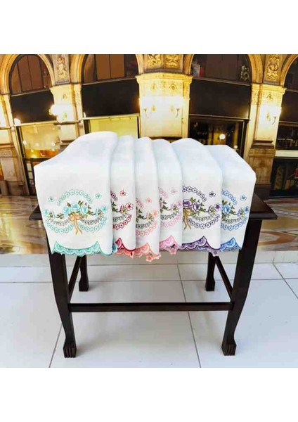 6'lı Kesme Nakışlı Ucu Güpürlü Kadife 30 ×50 Mutfak Çeyizlik El Yüz Havlu Seti