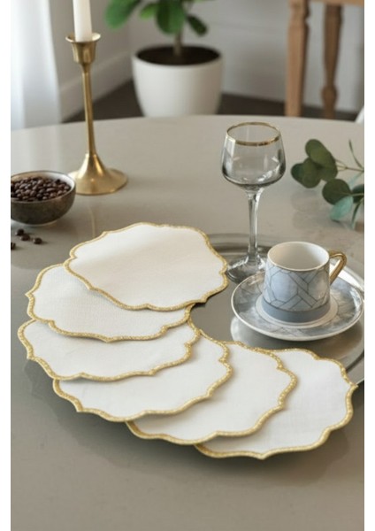 Simli 6 Adet Keten Kumaş Üzeri Nakışlı Kahve Yanı Sunumluk Kokteyl Peçetesi & Bardak Altlığı