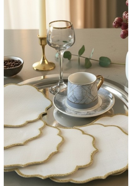 Simli 6 Adet Keten Kumaş Üzeri Nakışlı Kahve Yanı Sunumluk Kokteyl Peçetesi & Bardak Altlığı fiyatları