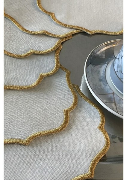 Simli 6 Adet Keten Kumaş Üzeri Nakışlı Kahve Yanı Sunumluk Kokteyl Peçetesi & Bardak Altlığı modelleri