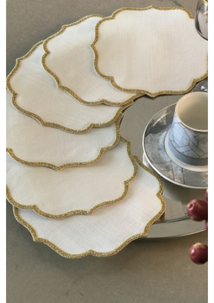 Simli 6 Adet Keten Kumaş Üzeri Nakışlı Kahve Yanı Sunumluk Kokteyl Peçetesi & Bardak Altlığı fırsatları