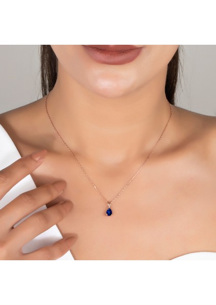 925 Ayar Gümüş Safir Damla Kolye - 14 Ayar Altın Kaplama - Kadınlar Için Doğum Günü, Yıl Dönünümü ve Özel Gün Hedıyeleri