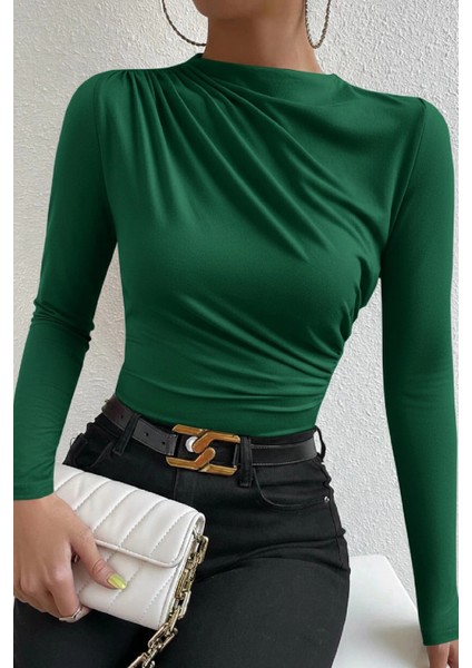 - Kadın Yeşil Belden ve Boyundan Büzgü Detaylı Uzun Kollu Bluz