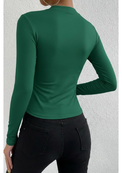 - Kadın Yeşil Belden ve Boyundan Büzgü Detaylı Uzun Kollu Bluz fiyatları