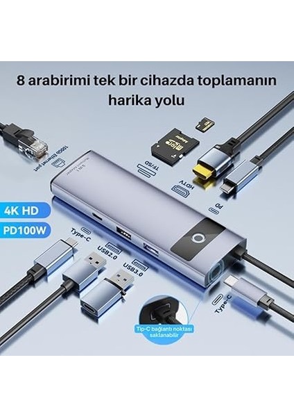 Jasoz Multiport Pd 100W 8in1 Type-C To Dönüştürücü Hub Type-C To RJ45 HDMI4K@30Hz Usb3.0 Sd/tf fiyatları