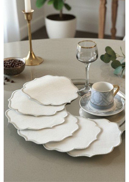 Simli 6 Adet Keten Kumaş Üzeri Nakışlı Kahve Yanı Sunumluk Kokteyl Peçetesi & Bardak Altlığı fiyatları