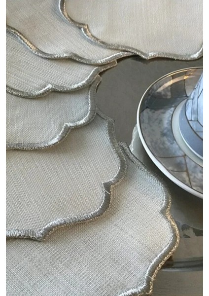 Simli 6 Adet Keten Kumaş Üzeri Nakışlı Kahve Yanı Sunumluk Kokteyl Peçetesi & Bardak Altlığı modelleri