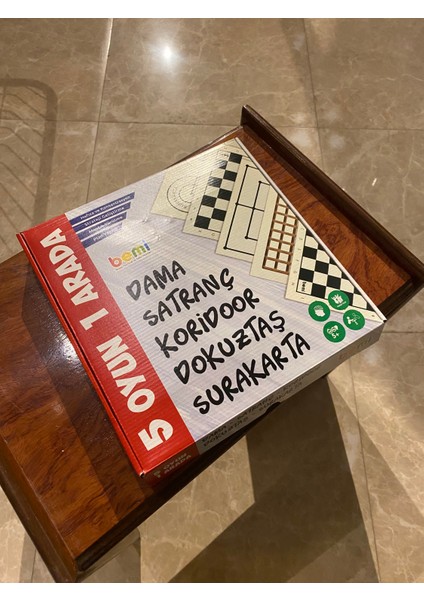 5 Oyun 1 Arada Ahşap Satranç-Dama-Koridor-Dokuztaş-Surakarta