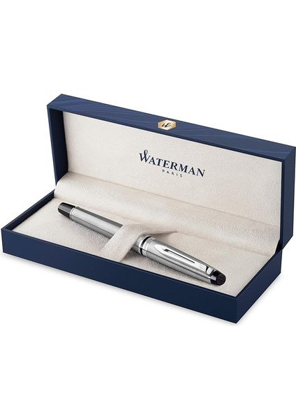 Expert Paslanmaz Çelik Krom Tasarımlı Dolma Kalem, Orta Kalınlıkta Uç, Mavi Mürekkep