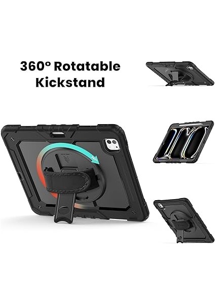 iPad Air 13 Inç M2 2024 Için Kılıf (Model: A2899) Tam Koruma Darbe Emici, 360° Dönebilen Stand, Ayarlanabilir Omuz Askısı, Kalem Tutucu, Siyah (Ipad Air 13" 2024) indirimleri