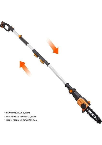 WG349E 20VOLT 2.0AH Li-Ion Tek Akülü 20CM Profesyonel Teleskobik Saplı Açı Ayarlı Zincirli Dal Budama fiyatları