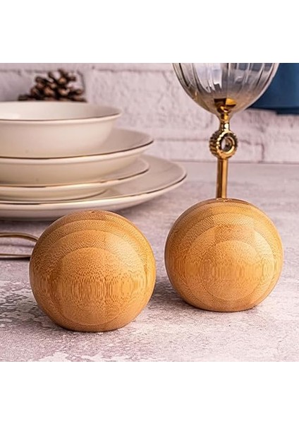Bambu Top Tuzluk ve Biberlik 2'li Set, Küre Şeklinde Bambudan Ahşap Tuzluk Biberlik Seti Ikili - Şirin Mutfak Dekorasyonu, Açık Kahverengi Evde Restaurantta Lokantada Dayanıklı Şık Kullanım fırsatları