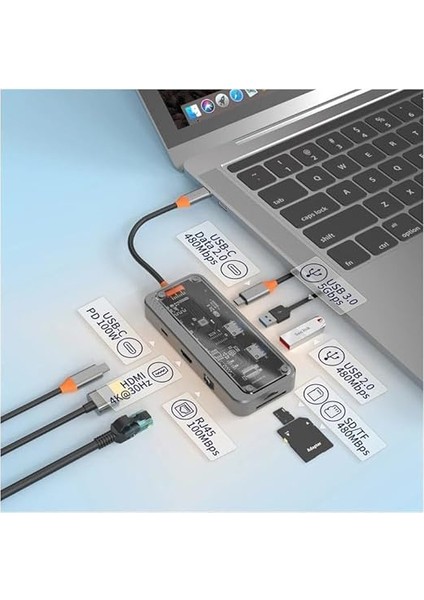 MT55 Mac ile Uyumlu Thunderbolt 3 Type-C USB Adaptör Hub 8in1 4K HDMI RJ45 100MBPS Sd Kart Okuyucu 100W Pd Telefon Hızlı Şarj Aleti fiyatları