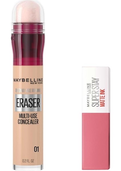 New York Instant Anti Age Eraser Kapatıcı 01 Light 6.8 ml &amp; Mini Super Stay Matte Ink Likit Mat Ruj - 15 Lover Makyaj Seti