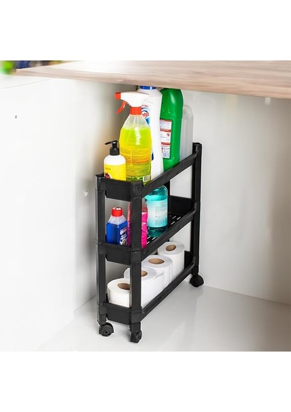 Plastik Çok Amaçlı Siyah 3 Katlı Tekerlekli Dikdörtgen Banyo Raf Ünitesi