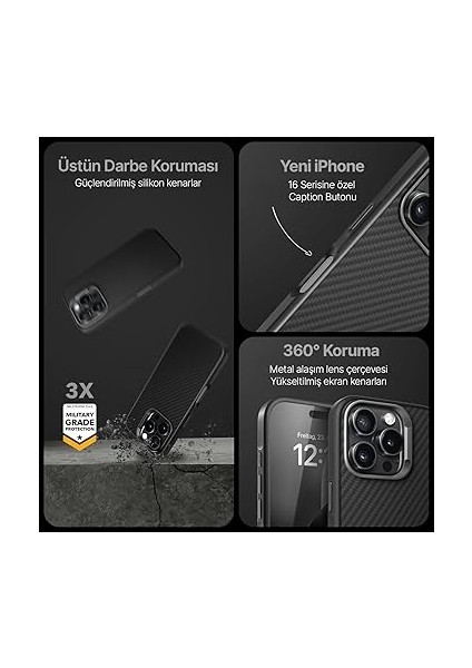 iPhone 16 Pro Için Fiber Karbon Materyal Arka Bölüm Metal Lens Çerçeveli ve Metal Tuşlu Sararmayan ve Çizilmeyen Güçlü Darbe Emici Premium Silikon Kılıf (Siyah, 16 Pro) modelleri