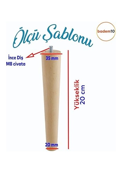 Ahşap Mobilya Koltuk Kanepe Sehpa Masa Ayağı Ayakları M8 Civatalı 20 cm + Bağlantı Aparatlı 8'li Set fiyatları