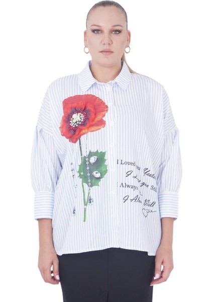 Büyük Beden Çiçek Motifli Slogan Yazılı Çizgili Gömlek